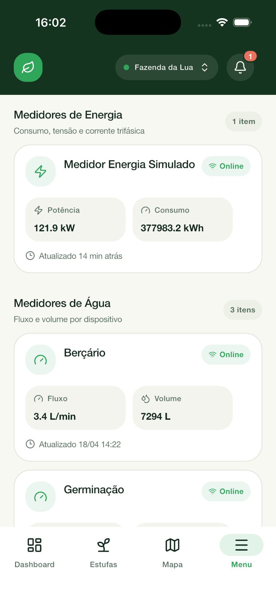 App Vizeos mostrando medidores de energia e água em tempo real
